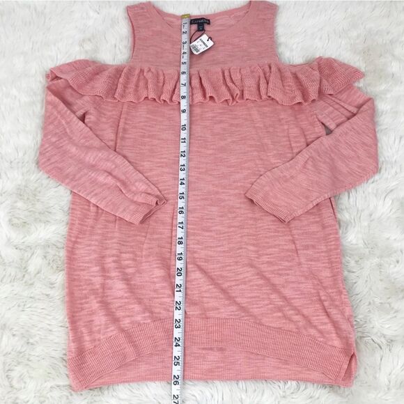 EXPRESS Pink Cold Shoulder Ruffle Sweater Top Coral 3/4 Sleeve Size Medium New - Picture 10 of 12